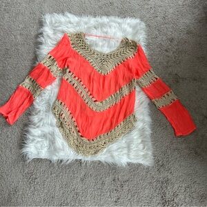 Umgee Coral and Tan Crochet-Trim Blouse